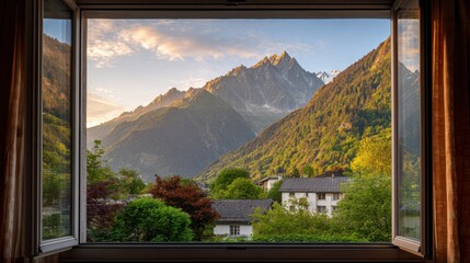 Scenic Mountain View Through a Window Capturing the Tranquility of Nature at Sunrise in a Quiet Setting