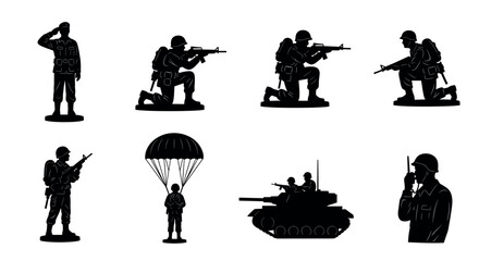 Silhouette illustrations of soldiers in various poses, including saluting, aiming, and communicating, with additional parachutist and tank scenes.