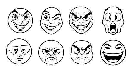 Eight black and white expressive emoji faces, each displaying different emotions such as joy, surprise, anger, and skepticism, shown in simple circular outlines.