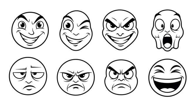 Eight black and white expressive emoji faces, each displaying different emotions such as joy, surprise, anger, and skepticism, shown in simple circular outlines.