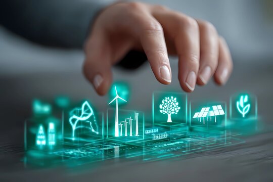 Hand selecting renewable energy icons on a digital interface with eco-friendly symbols indoors