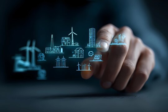 Innovative hand touching digital icons of sustainable energy and modern architecture in a creative workspace