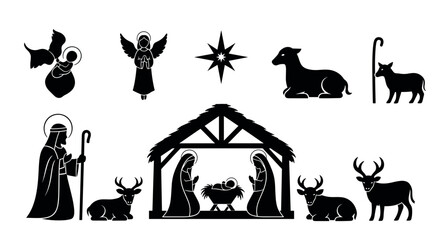 Fototapeta premium Black silhouette icons of a nativity scene with mary, joseph, baby jesus in a manger, surrounded by animals, angels, and a guiding star.