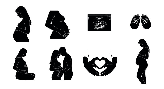 A collage of black silhouette icons representing various stages and aspects of pregnancy including pregnant women, a couple, an ultrasound, baby shoes, and hands forming a heart.