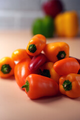 close-up of vibrant orange and red mini peppers overflowing on light surface with soft focus background of blurred bell peppers in kitchen setting, chroma, zest, aroma, abundant, perspective, macro