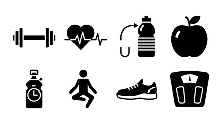 Black silhouette icons depicting gym equipment, heart health, hydration, nutrition, meditation, fitness footwear, and weight scale for a healthy lifestyle.