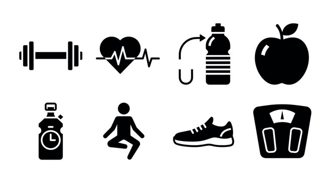 Black silhouette icons depicting gym equipment, heart health, hydration, nutrition, meditation, fitness footwear, and weight scale for a healthy lifestyle. - Powered by Adobe