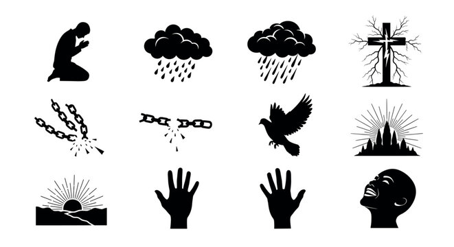 Black silhouette icons depicting prayer, rain clouds, broken chains, a flying dove, a cross, a sunrise, and reaching hands, symbolizing freedom, faith, and hope.