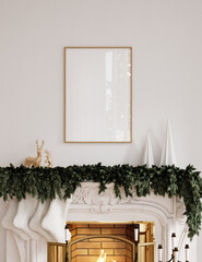 Christmas poster frame mockup in Scandinavian interior with fireplace and decoration, 3d render