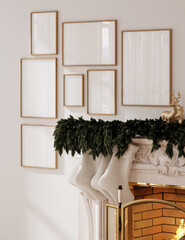 Naklejka premium Christmas poster frame mockup in Scandinavian interior with fireplace and decoration, 3d render