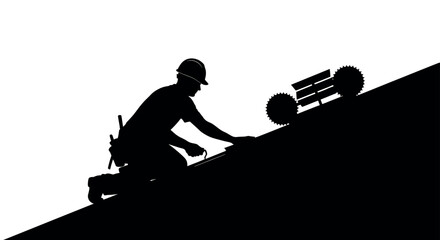 Silhouette of a male construction worker in a hard hat kneeling on a sloped roof with tools, emphasizing manual labor and construction themes.