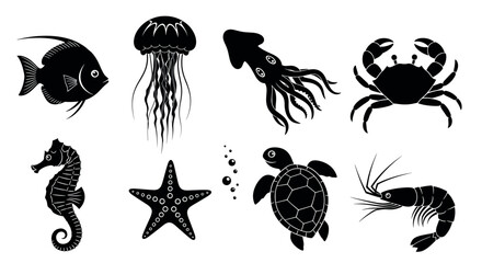 Silhouette collection of diverse aquatic animals, including a fish, jellyfish, squid, crab, seahorse, starfish, turtle, and shrimp in various poses.