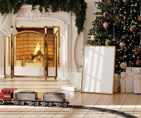 Naklejka premium Christmas poster frame mockup in Scandinavian interior with fireplace and decoration, 3d render