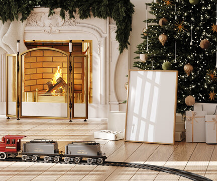 Christmas poster frame mockup in Scandinavian interior with fireplace and decoration, 3d render