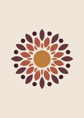 Illustration of a colorful mandala in Scandinavian, boho, and minimalist style. Petals, texture, decoration, background. Purple, yellow, pink