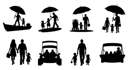 Silhouette collection depicting families engaged in various activities, including walking with umbrellas, boating, and driving, highlighting diverse family dynamics.