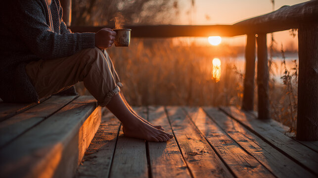 Man Sipping Coffee Barefoot on Wooden Steps at Sunrise