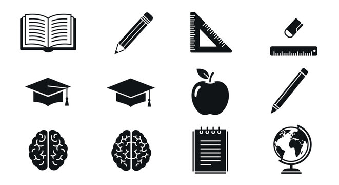 Black and white icons depicting various educational tools including a book, pencil, triangle ruler, eraser, ruler, graduation caps, apple, brains, notepad, and globe.
