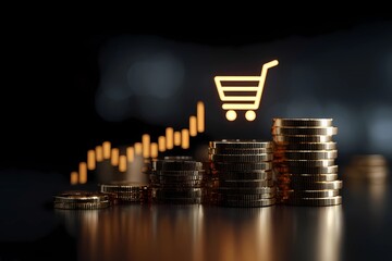 Coins stacked beside a shopping cart icon with a graph showing upward trend in a dark setting