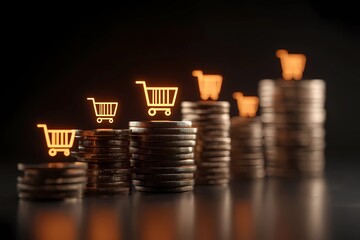 Coins stacked with shopping cart icons representing online shopping and e-commerce growth trends