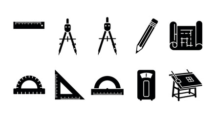 Black icons of various drawing and drafting tools including rulers, compasses, pencil, protractor, blueprint, and drafting table.