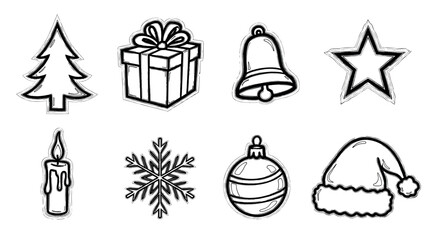 Black outline icons of christmas-themed objects including a tree, present, bell, star, candle, snowflake, ornament, and santa hat.