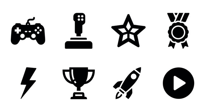 Set of eight black gaming and achievement icons including a controller, joystick, star, medal, lightning bolt, trophy, rocket, and play button.
