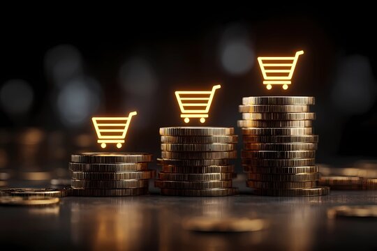Online shopping growth represented by coins and shopping cart icons on a dark background