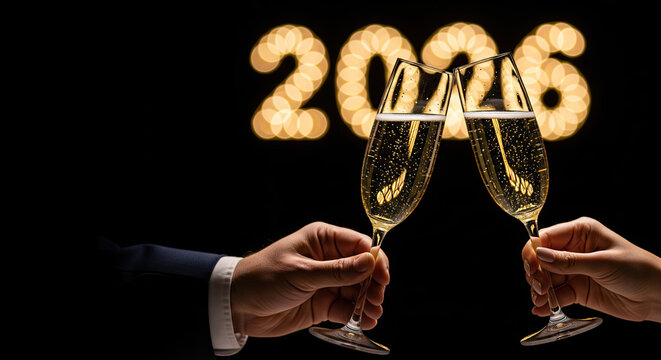 professional new year 2026 toast with bokeh lights - Powered by Adobe
