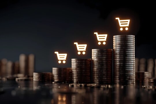 Growth in online shopping reflected by rising stacks of coins and shopping carts with glowing icons