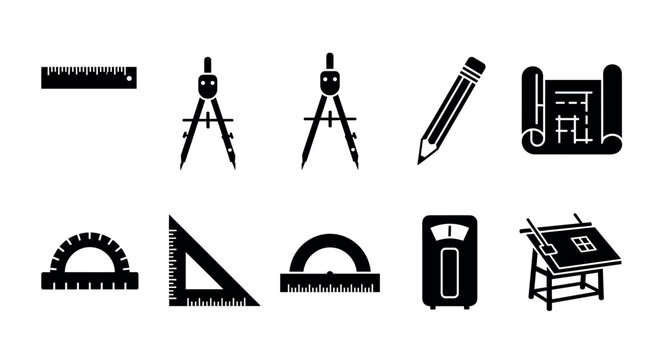 Black icons of various drawing and drafting tools including rulers, compasses, pencil, protractor, blueprint, and drafting table.