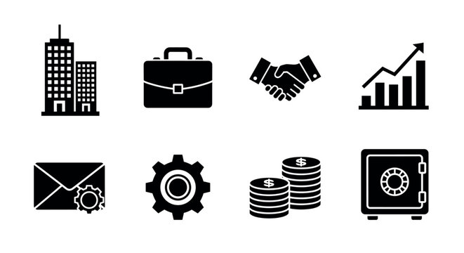 Black icons representing business themes including buildings, briefcase, handshake, growth chart, envelope with gear, gear, stacked coins, and secure safe.