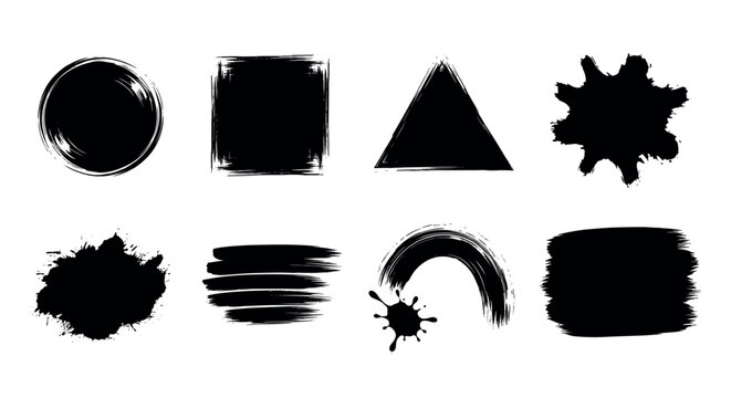 Set of eight black ink brush shapes including a circle, square, triangle, and various splatter forms showcasing diverse artistic brushstroke styles.
