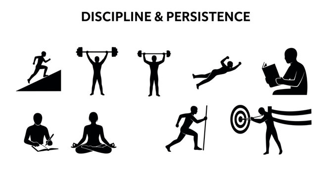 Various black silhouette icons illustrate activities related to discipline and persistence, including weightlifting, running, and meditation.