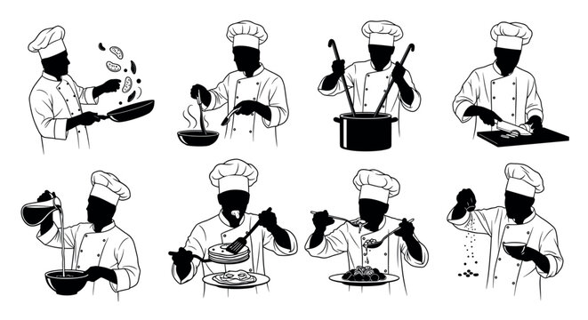 Silhouettes of chefs in various cooking activities, including slicing, stirring, and seasoning. each wear a chef hat and uniform, showcasing culinary tasks.