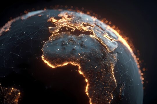 Glowing earth globe showing continents with illuminated connections, showcasing night landscape