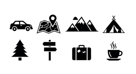 Black outline icons of a car, map with a location marker, mountains, tent, tree, signpost, suitcase, and steaming coffee mug, representing travel and adventure themes.