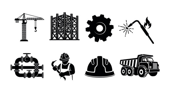 Black silhouette icons of construction elements including a crane, steel framework, gear, welding torch, pipeline, worker, hard hat, and dump truck.