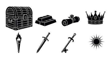 Obraz premium Black silhouette icons of a treasure chest, gold bars, scroll, crown, torch, sword, key, and sun, representing medieval fantasy elements.