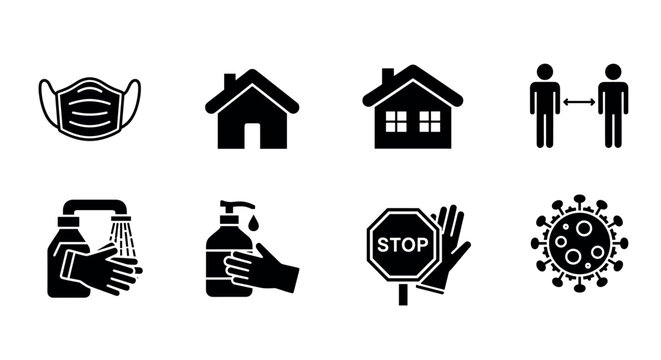Black icon set illustrating essential covid-19 safety measures, including mask-wearing, social distancing, handwashing, hand sanitizing, and virus symbol.