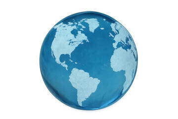 Fototapeta premium Earth globe depicting world continents in a blue glassy sphere, symbolizing global communication, technology, ecology, and international travel