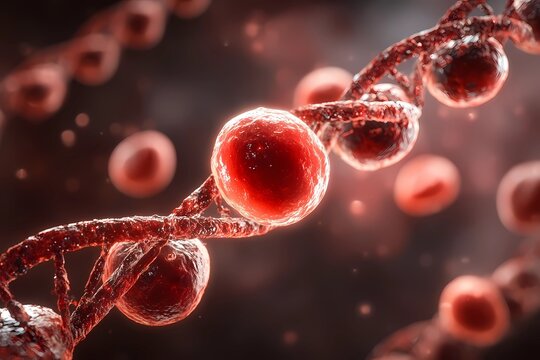 Molecular structure showcasing red blood cells intertwined in a dynamic, abstract representation of biology - Powered by Adobe