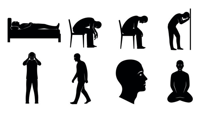 Silhouettes depict a series of poses expressing various emotions and states, including lying on a bed, sitting hunched, and standing with head in hands.