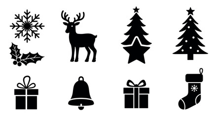 Black silhouette icons of christmas-themed symbols including a snowflake, reindeer, decorated trees, holly leaves, gift boxes, a bell, and a stocking.