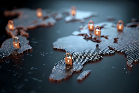 Digital world map with padlocks representing global cybersecurity and data protection efforts
