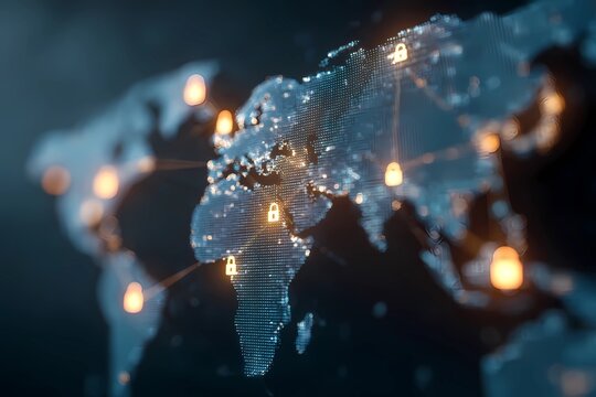 Global digital security network with data protection symbols connected across the world map - Powered by Adobe