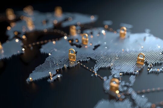 Global network map with digital locks symbolizing data security and protection against cyber threats