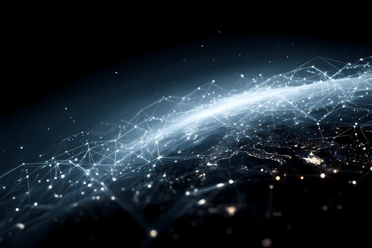 View of Earth from space showcasing glowing city lights and a web of digital connections at night