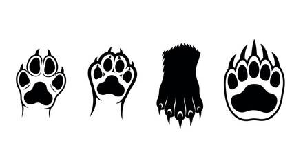 Black silhouettes of four distinct animal paw prints, featuring felines and canines in various styles for identification and design purposes.