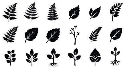 Black silhouette icons of various leaf shapes and plant sprigs, showcasing diverse botanical designs in a simple, flat style for nature and gardening themes.